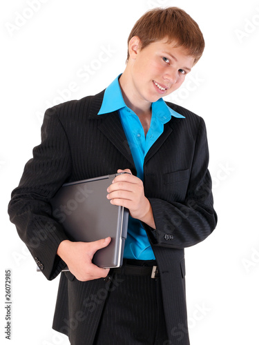 Student dressed in black suit with laptop