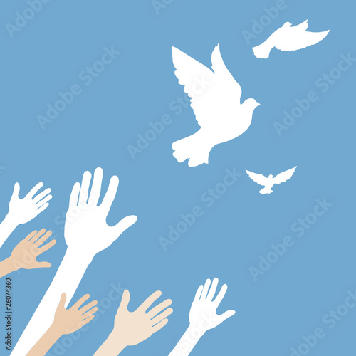 Hands releasing white dove on blue background.