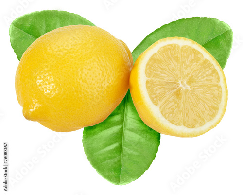 Obraz na płótnie Yellow lemon with green leaf