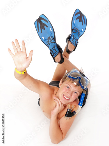Teenage dressed in diving accessories