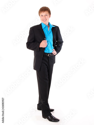 Young student dressed in black suit