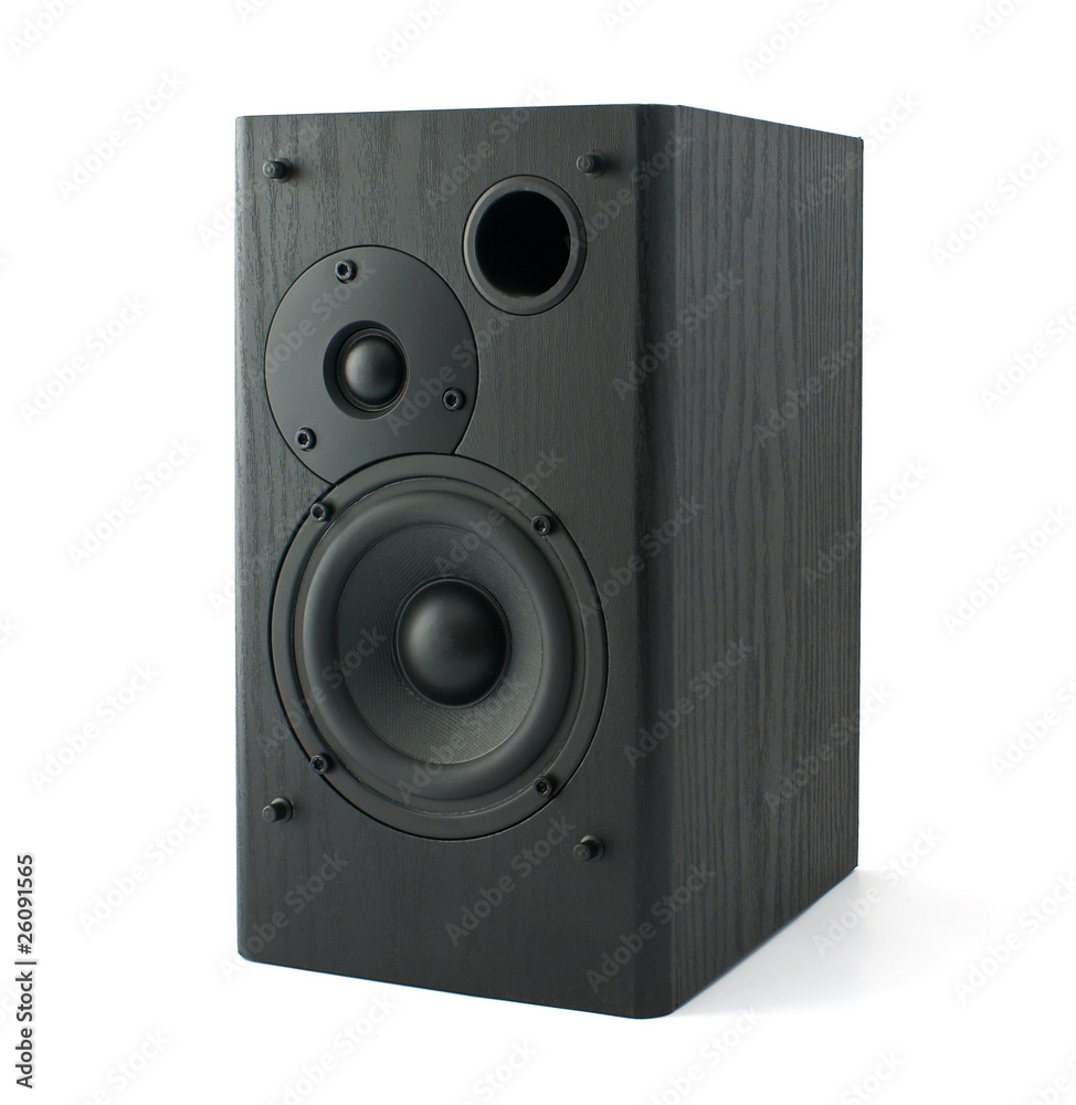 Black wooden loudspeaker isolated on white background Black wooden loudspeaker isolated on white background