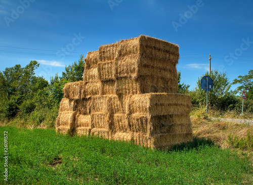 Haystacks bales in countryside.