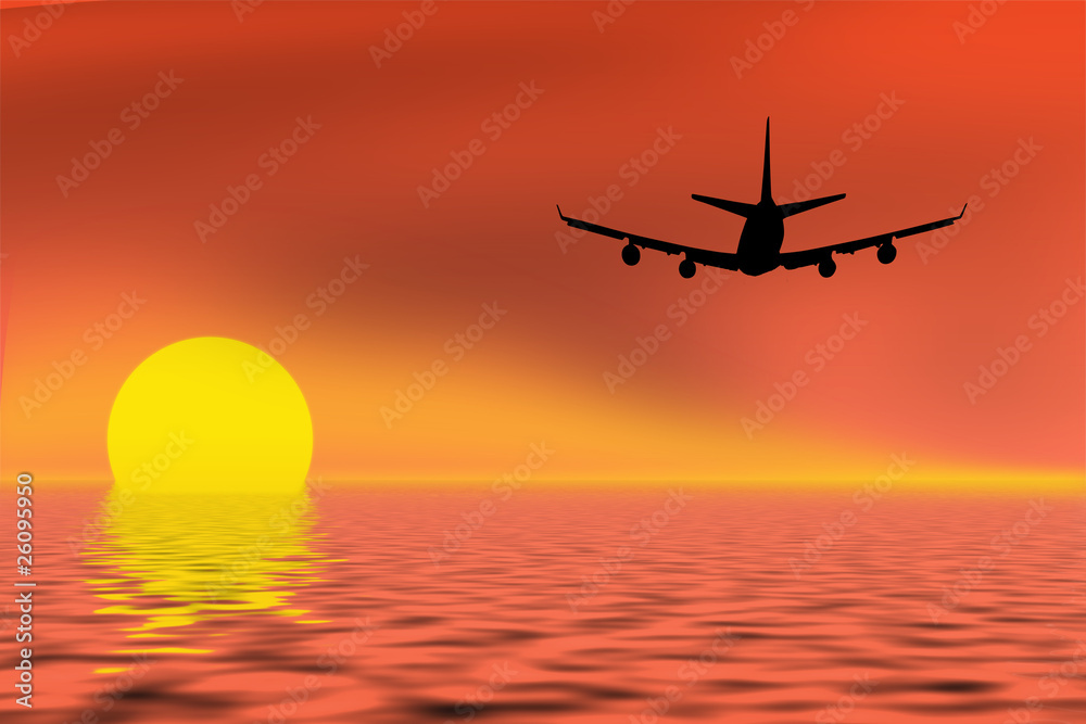 Naklejka premium Airplane on sunset sky