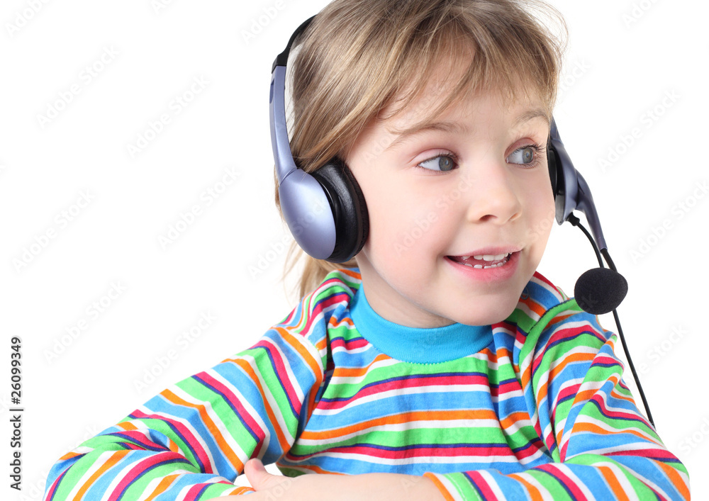 portrait of little girl with headphones and microphone portrait of little girl with headphones and microphone