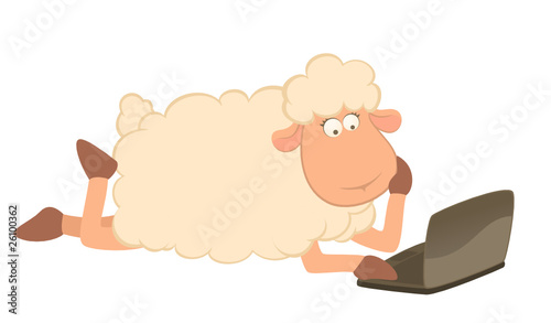 Vector illustration of cartoon sheep with laptop