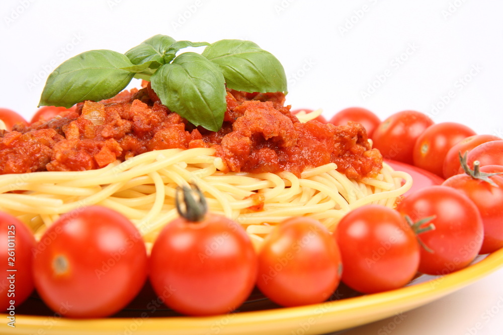 Spaghetti Bolognese decorated with cherry tomatoes Spaghetti Bolognese decorated with cherry tomatoes