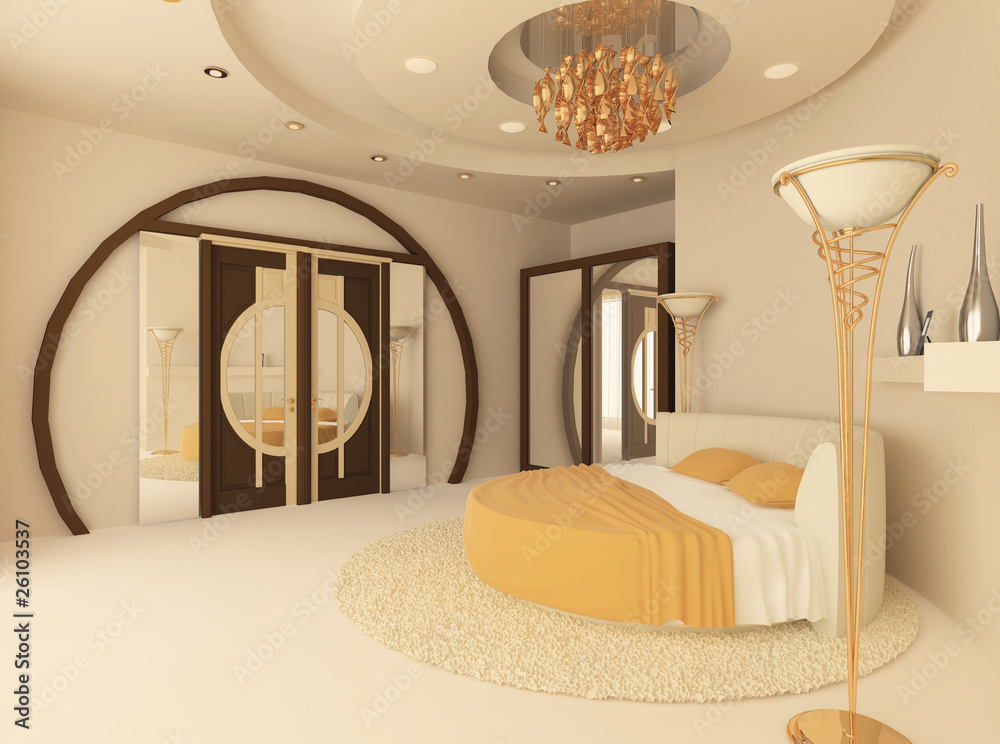 round bed in a luxurious bedroom with a suspended ceiling Stock