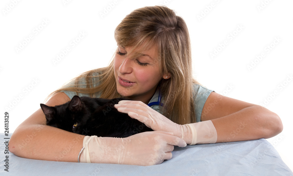 jeune femme vétérinaire avec un chat noir jeune femme vétérinaire avec un chat noir