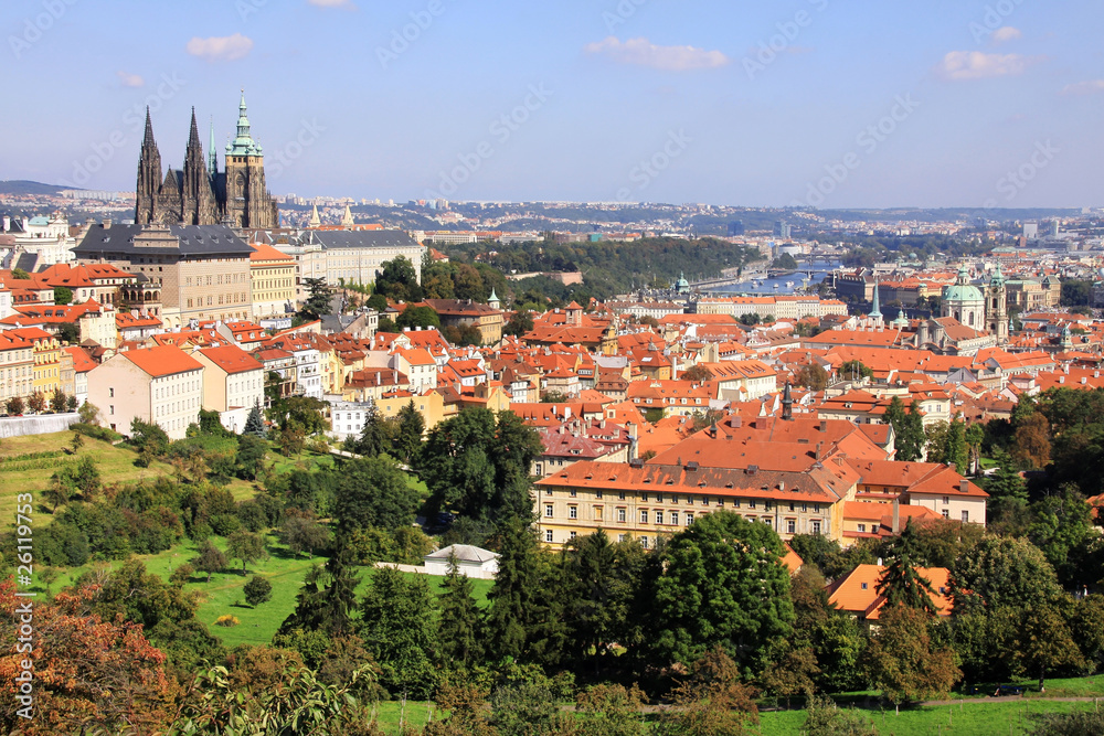 Prague with gothic Castle above River Vltava, Czech Republic