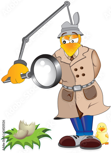 Detective chicken inspects a broken egg
