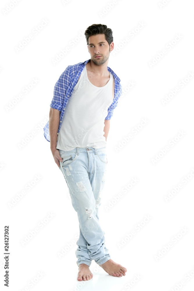 Full length casual denim handsome man over white Full length casual denim handsome man over white