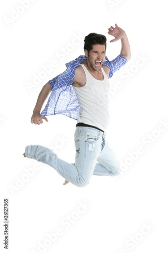 High fly man jumping denim fashion jeans on white