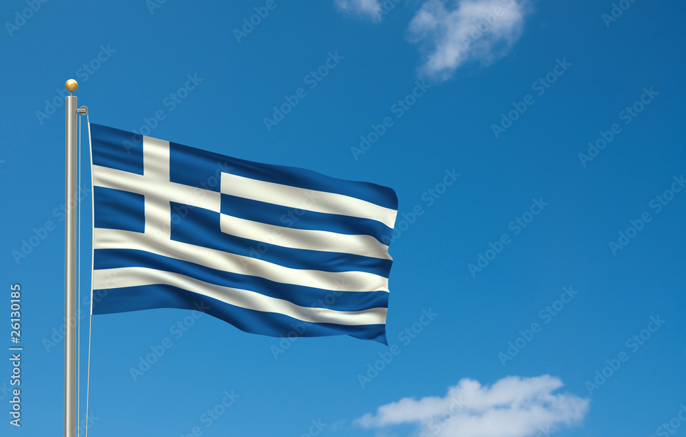 Obraz premium Flag of Greece waving in the wind in front of blue sky