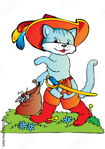 Happy Puss in Boots on a white background. Fairy-tale.