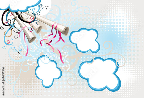 decorated pipes that trumpet  out of the clouds