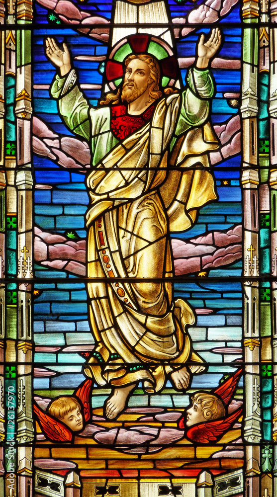 Nineteenth century church stained glass window Jesus ascending