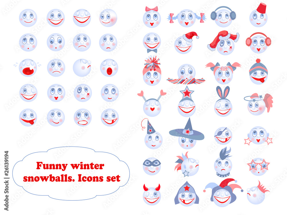 Funny winter snowballs icons set. Funny winter snowballs icons set.