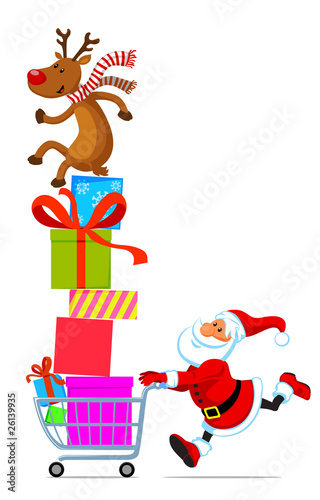 Santa with shopping cart full of gifts
