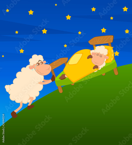 Vector illustration of cartoon sheep in bed