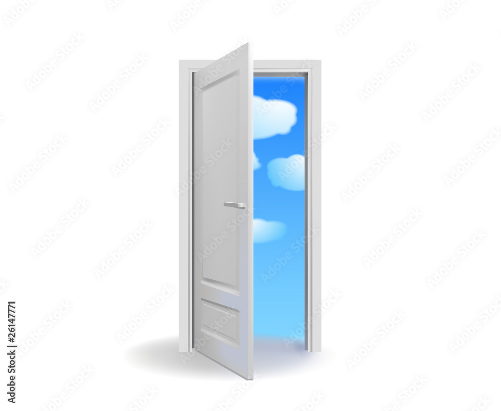 Opened white door with cloudy sky-vector Opened white door with cloudy sky-vector