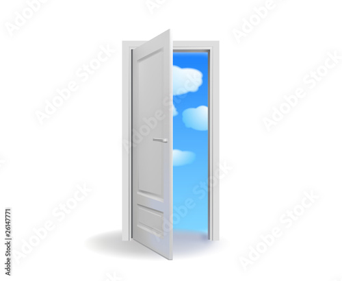 Opened white door with cloudy  sky-vector