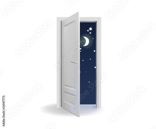 Opened white door with stars and moon