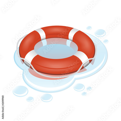 Vector illustration of red and white lifebuoy with water