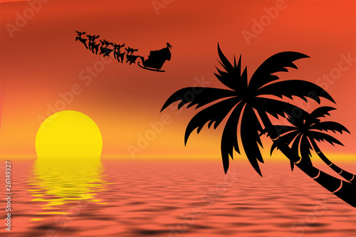 Santa Claus riding his sleigh over a tropical ocean