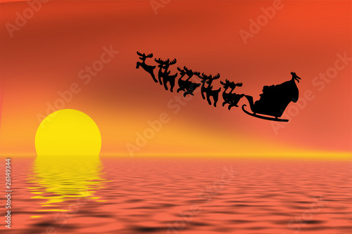 Santa Claus riding his sleigh over a ocean