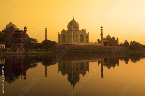 Taj Mahal sunset reflection  Yamuna River.