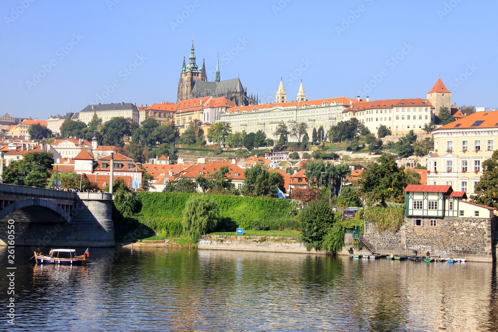 View on the autumn Prague gothic Castle above River Vltava