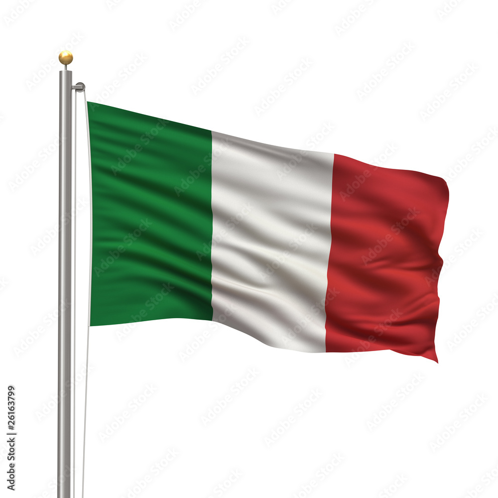 Flag of Italy waving in the wind over white background