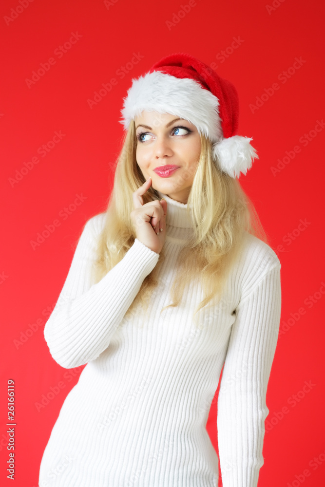 Santa girl on a red background