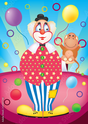 Vector illustration jolly clown in the circus with a monkey