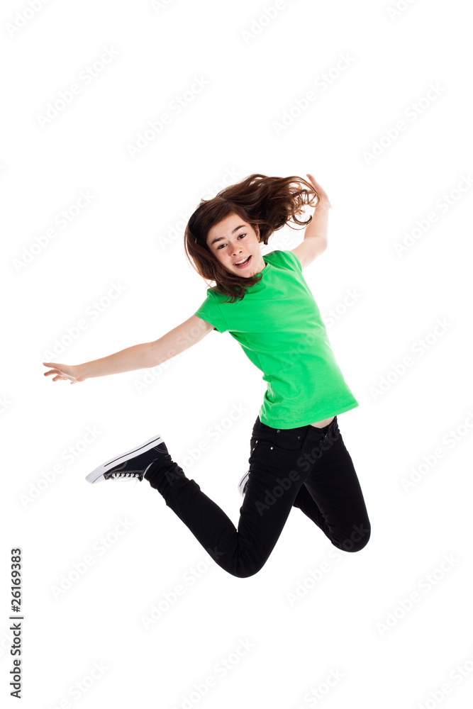 Girl jumping, running isolated on white background