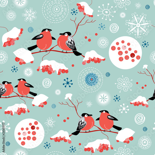 Seamless winter pattern of bullfinches and rowan