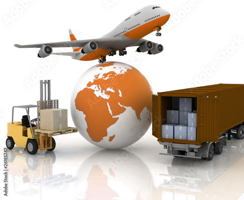 airliner with a globe and autoloader with boxes photo