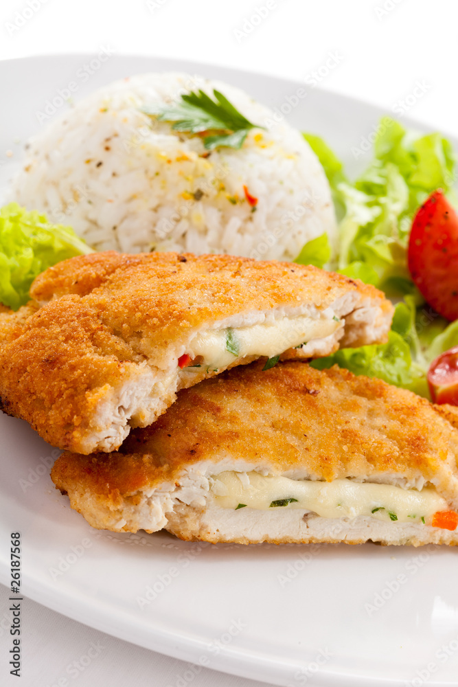 Stuffed turkey fillet with white rice and vegetable salad Stuffed turkey fillet with white rice and vegetable salad