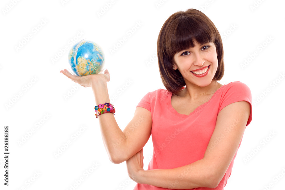 beautiful woman hold globe in hands isolated beautiful woman hold globe in hands isolated