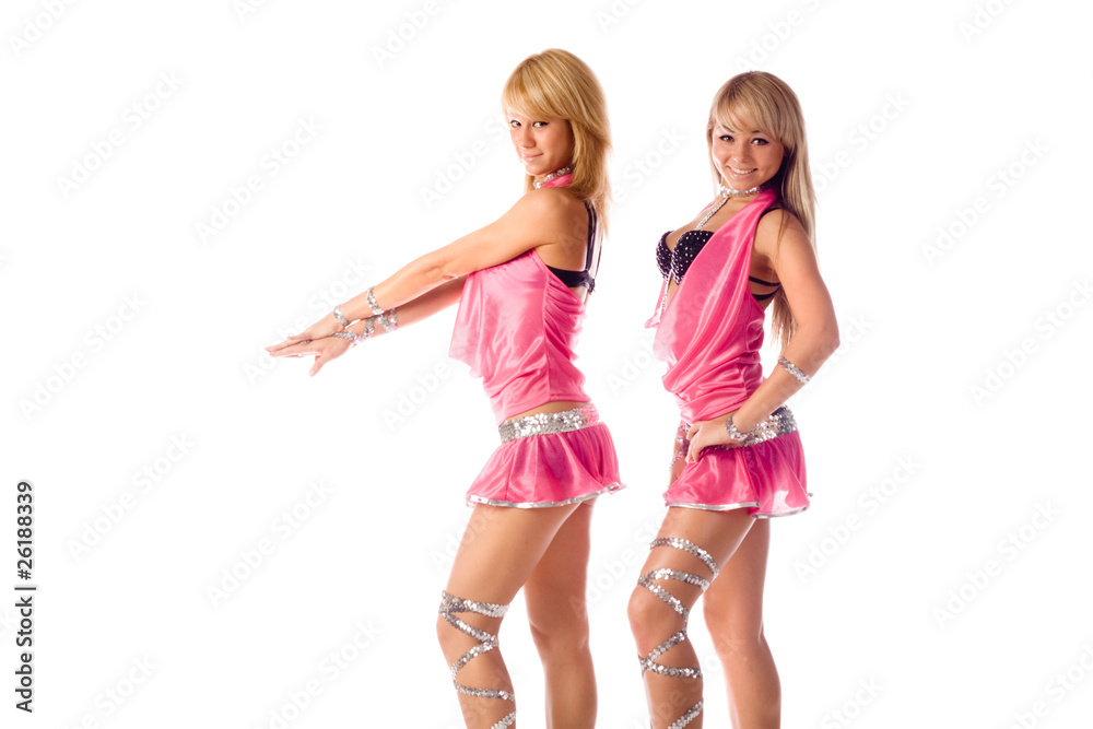 two beautiful dancer girl in pink costumes isolated two beautiful dancer girl in pink costumes isolated