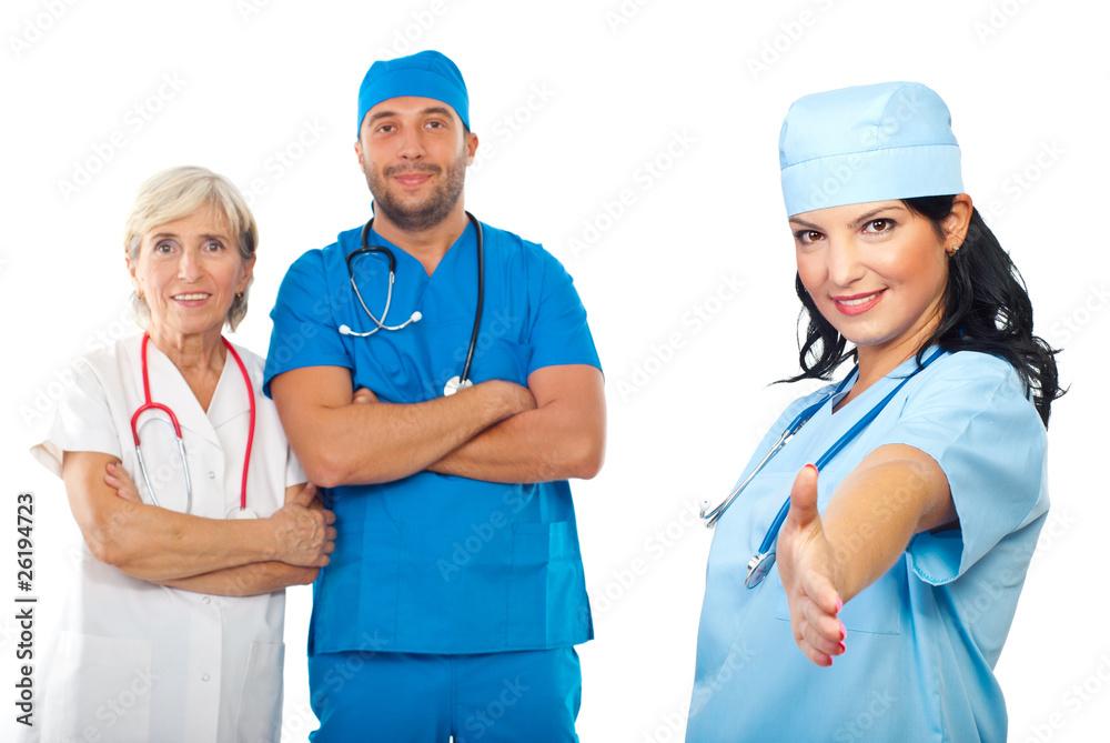 Cheerful doctor woman give handshake Cheerful doctor woman give handshake