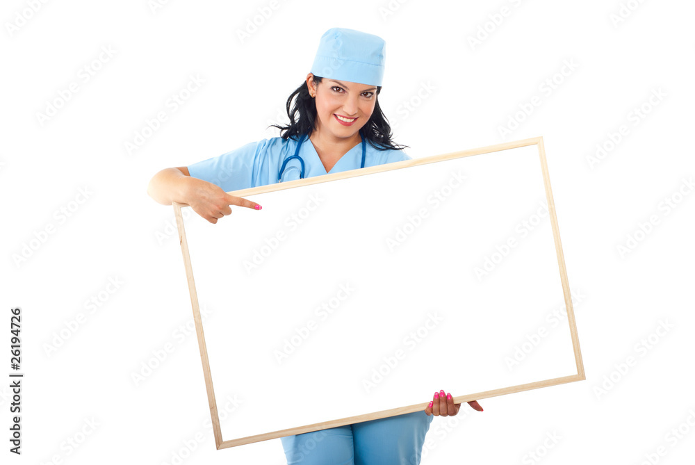 Doctor with banner point to copyspace Doctor with banner point to copyspace