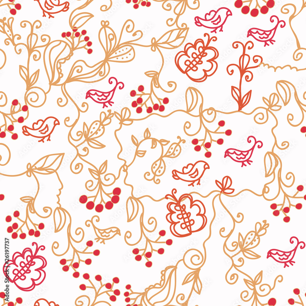 Floral seamless pattern with birds, branches and butterflies
