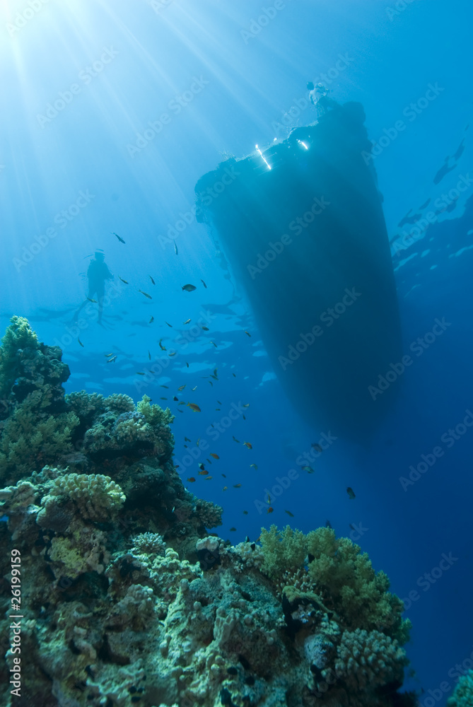 Fototapeta premium Boat silhouette with sunrays and scuba diver.