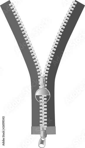 Vector image of a  half open metal zipper isolated on the white background.