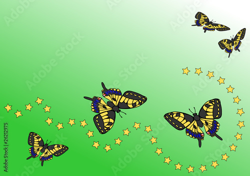 five butterflies and yellow stars with a green background © HansPeterK