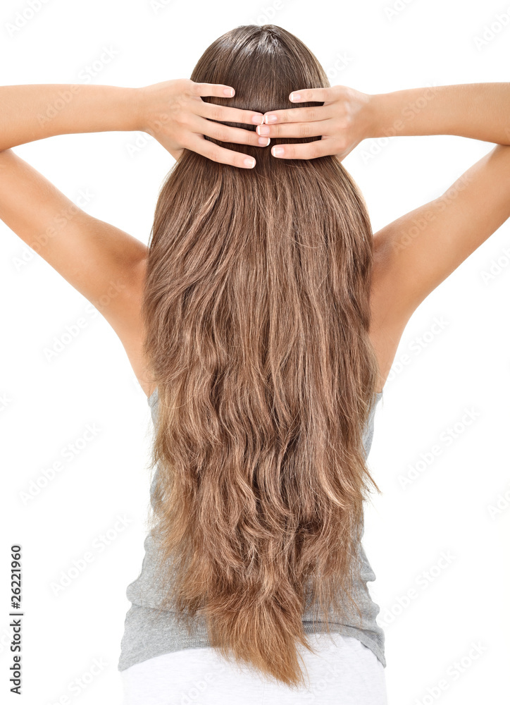 Brunette lady holding long hairs, view from back side isolated o Brunette lady holding long hairs, view from back side isolated o