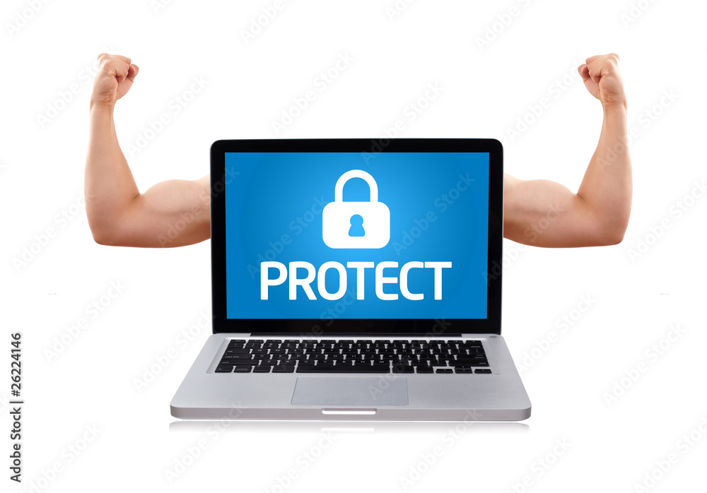 Laptop with protect sign and muscular biceps Laptop with protect sign and muscular biceps