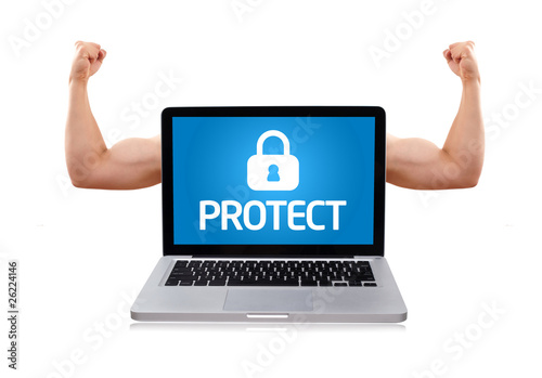 Laptop with protect sign and muscular biceps photo